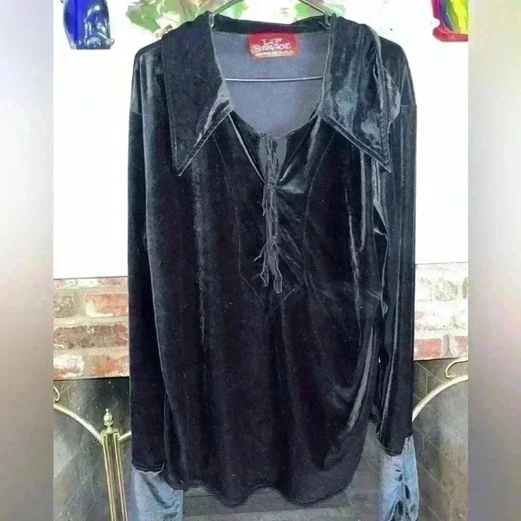 Y2K VTG Lip Service Women Tunic Top Small Lace Up Crushed Velvet Bell Sleeve XL - Picture 2 of 8